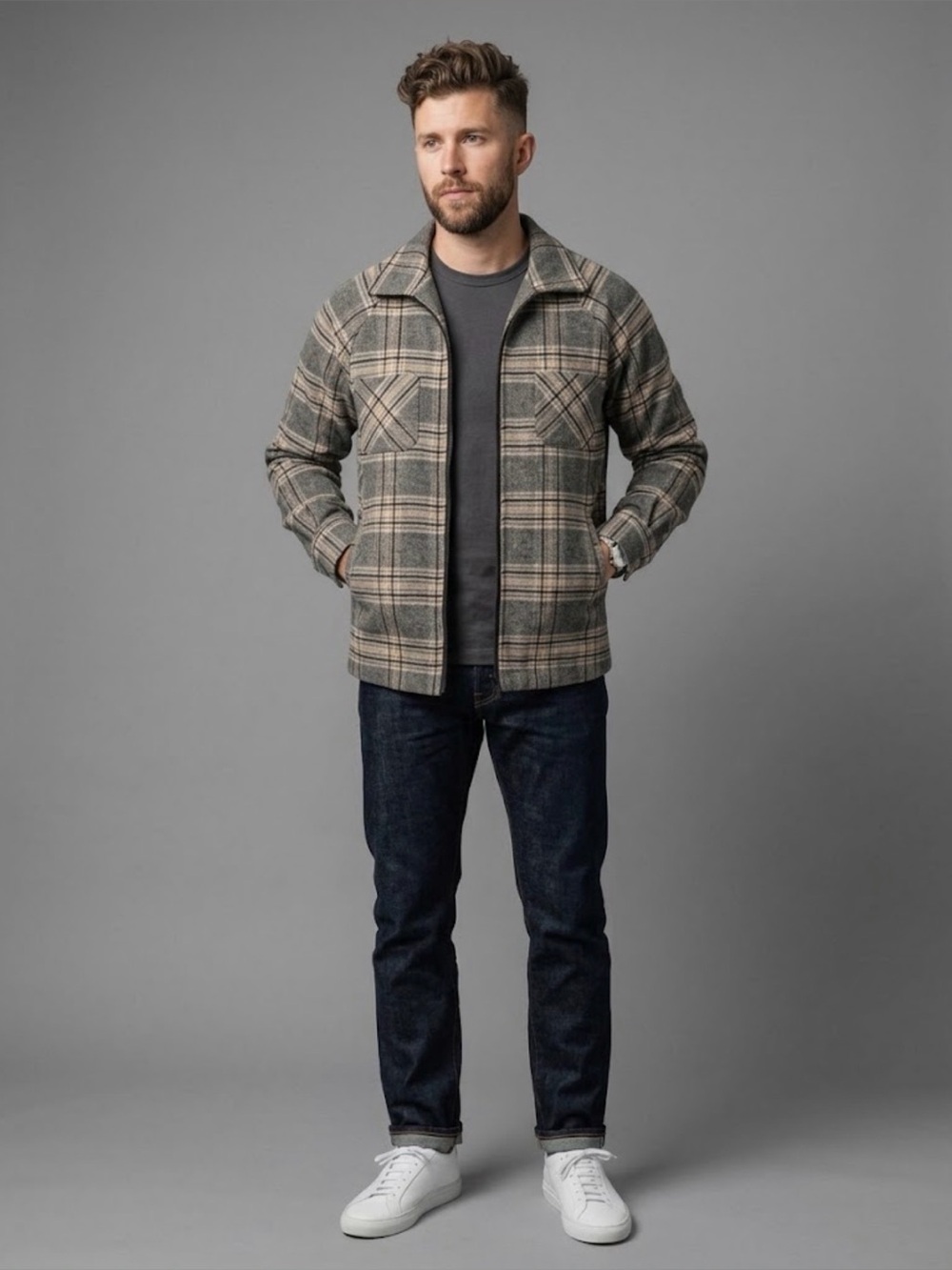 Richie Le Collection Mens Plaid Wool Zip Up Jacket Grey M
